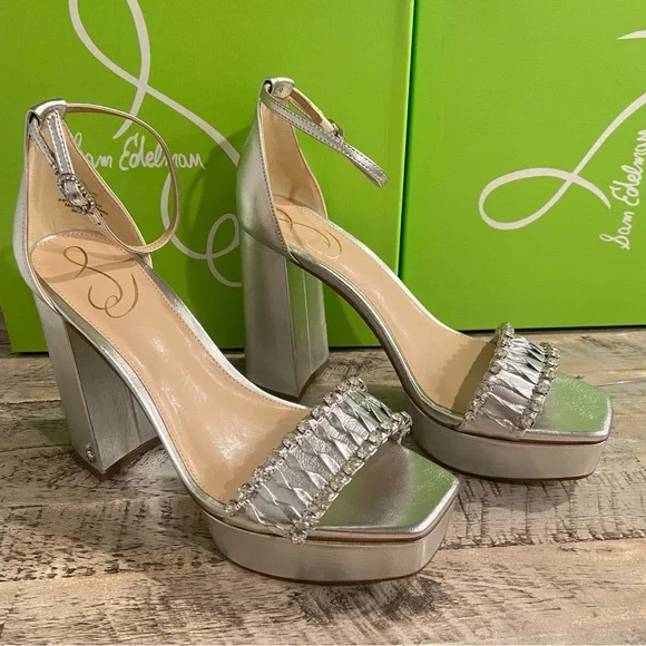 Sam Edelman Women's NINETTE Platform Silver Metallic LEATHER Heel Shoe MSRP $180 - Picture 7 of 9